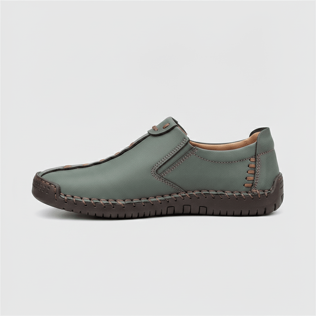 Men's Green Leather Hand-Stitched Slip-On Loafers - Bennevi