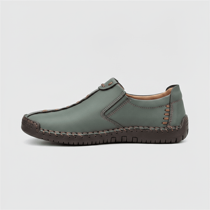 Men's Green Leather Hand-Stitched Slip-On Loafers - Bennevi