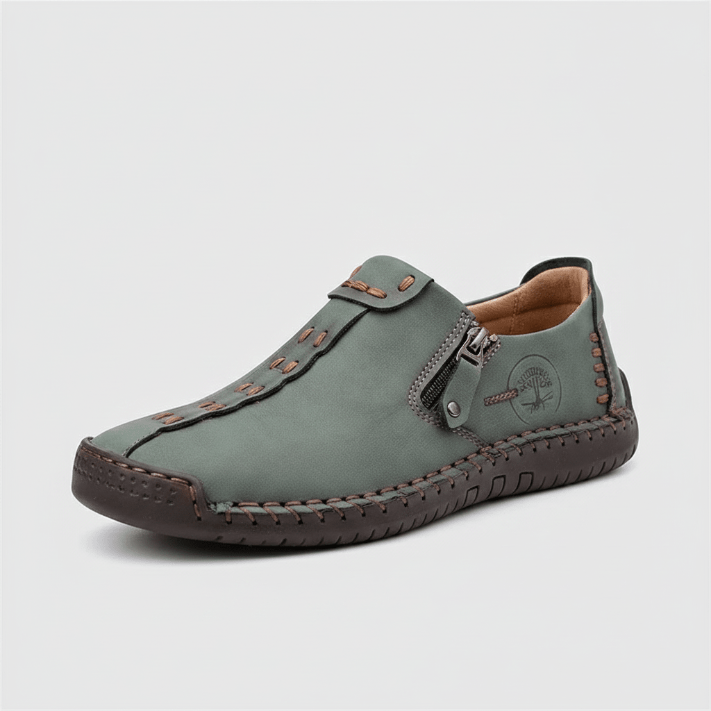 Men's Green Leather Hand-Stitched Slip-On Loafers - Bennevi