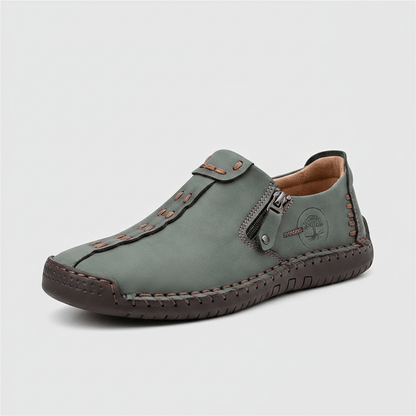 Men's Green Leather Hand-Stitched Slip-On Loafers - Bennevi
