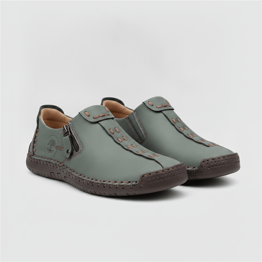 Men's Green Leather Hand-Stitched Slip-On Loafers - Bennevi