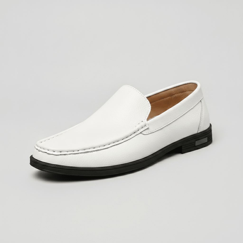 Men's White Leather Slip-On Loafers with Black Sole - Bennevi