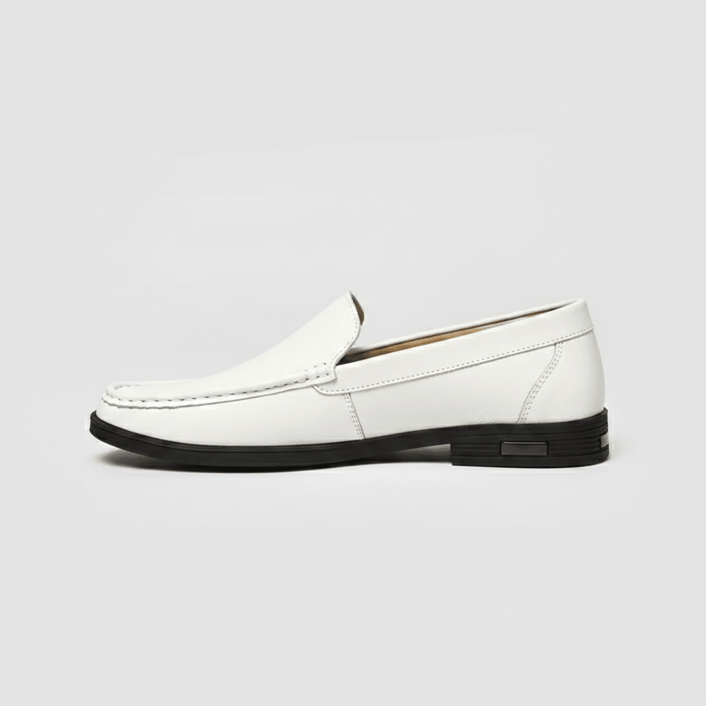 Men's White Leather Slip-On Loafers with Black Sole - Bennevi