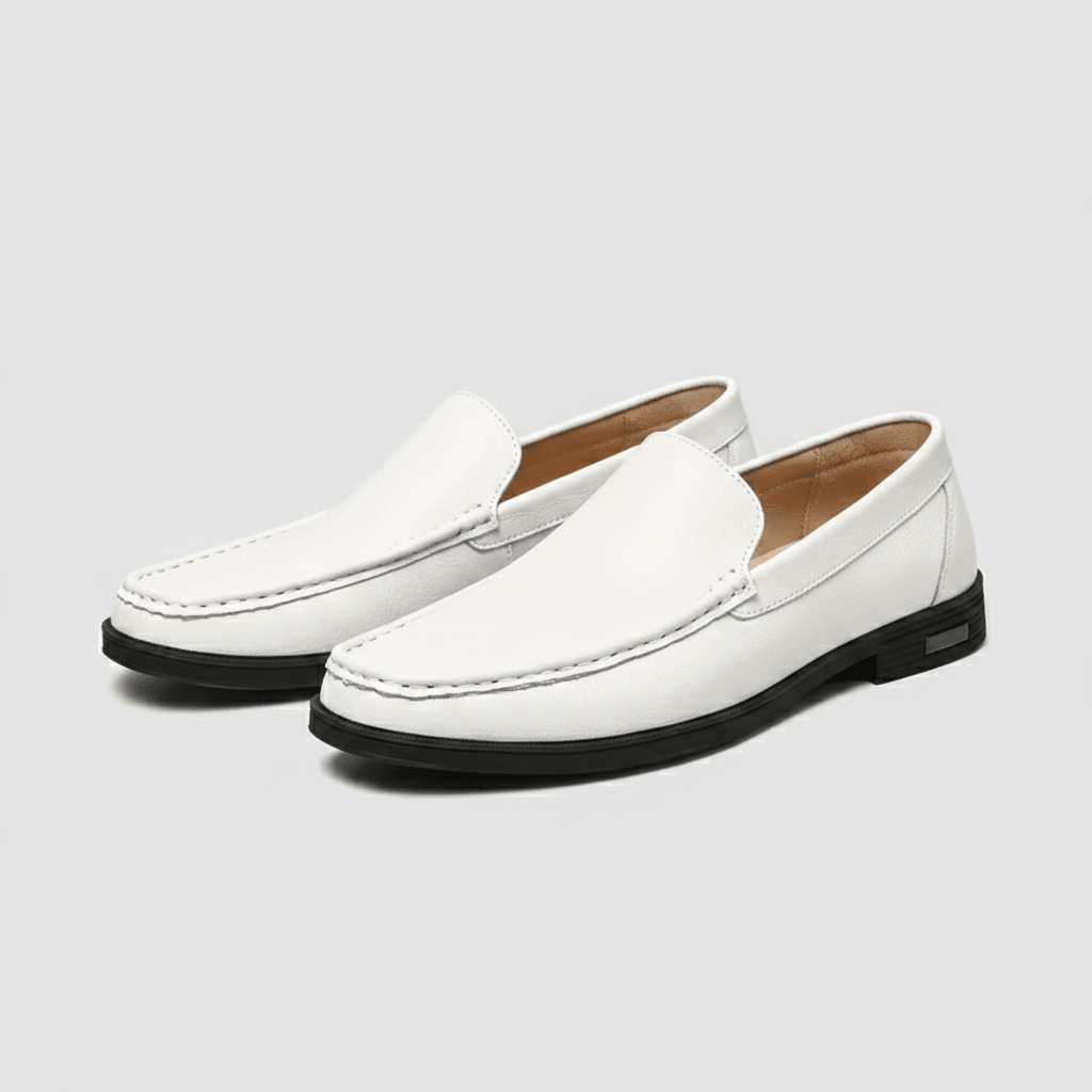 Men's White Leather Slip-On Loafers with Black Sole - Bennevi